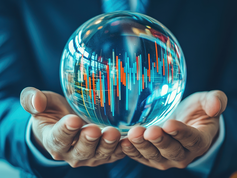 A business professional holds a crystal ball displaying vibrant data graphs, symbolising future predictions and analytics.